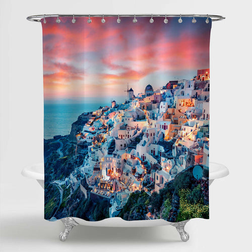 Evening View of Santorini Island Shower Curtain - Red Blue