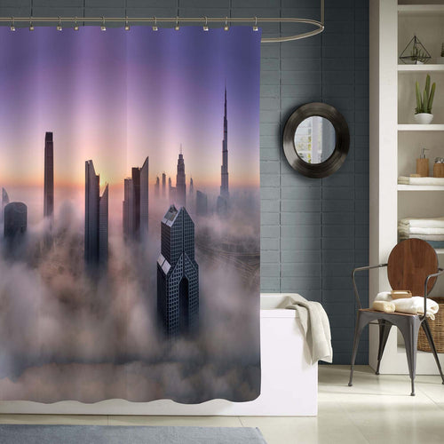 Misty Dubai Skyline Shower Curtain - Purple Grey