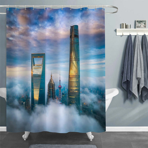 Aerial Shanghai Lujiazui Skyscrapers Night Scenery Shower Curtain - Blue