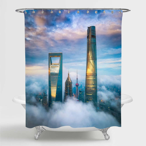 Aerial Shanghai Lujiazui Skyscrapers Night Scenery Shower Curtain - Blue