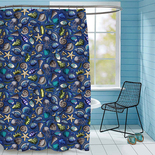 Cartoon Cute Hand Drawn Sea Life Pattern Shower Curtain - Blue