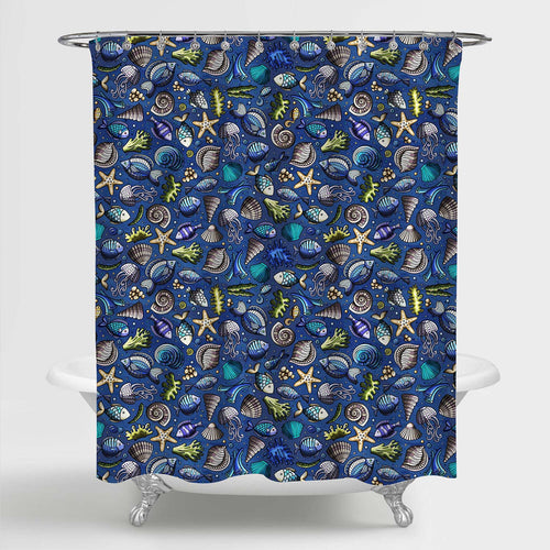 Cartoon Cute Hand Drawn Sea Life Pattern Shower Curtain - Blue