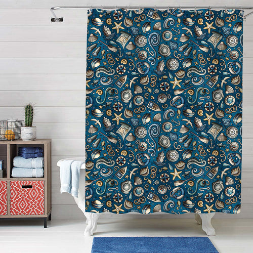 Cartoon Hand-Drawn Marine Shower Curtain - Blue Gold