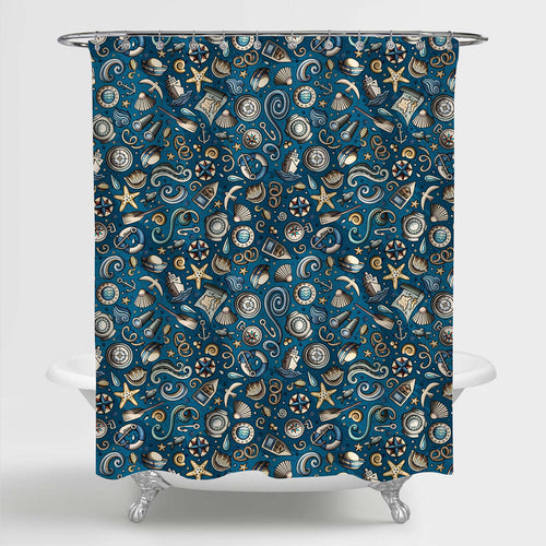 Cartoon Hand-Drawn Marine Shower Curtain - Blue Gold