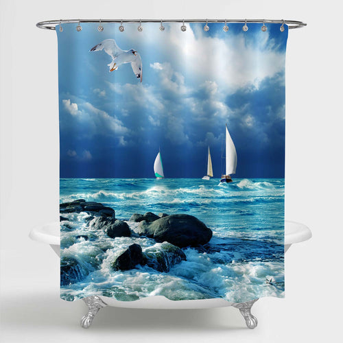 Sailing Regatta with Seagull in Blue Sky Shower Curtain - Blue