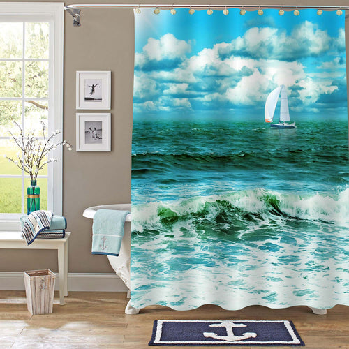 Marine Landscape with Sailing Yacht Shower Curtain - Turquoise