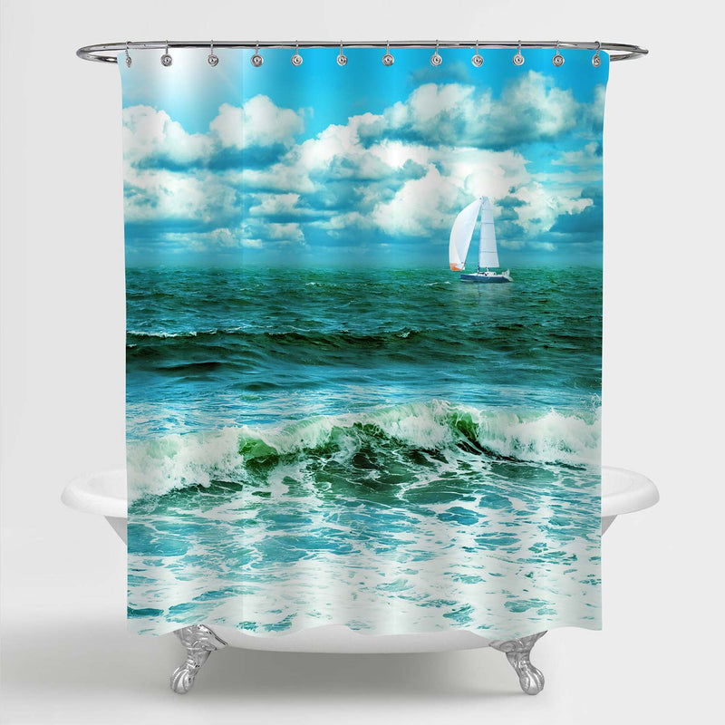 Marine Landscape with Sailing Yacht Shower Curtain - Turquoise