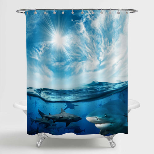 Seascape of Dangerous Sharks Underwater Shower Curtain - Blue