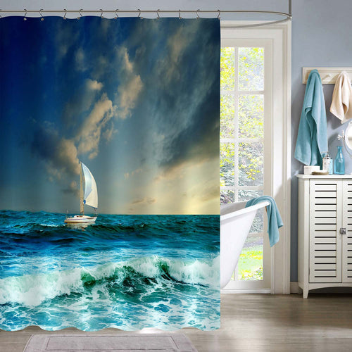 Sailboat in The Sea Against Dramatic Sky with Clouds Shower Curtain - Blue