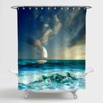 Sailboat in The Sea Against Dramatic Sky with Clouds Shower Curtain - Blue