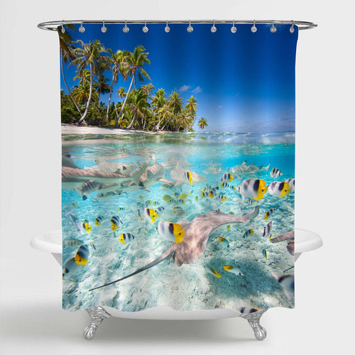 Tropical Ocean Beach and Palm Trees Shower Curtain - Blue Green