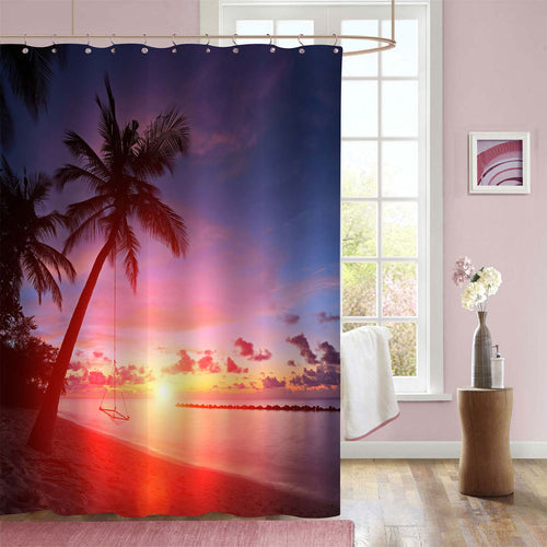 Tropical Beach with Palm Trees and Swing at Sunset Shower Curtain - Blue Red