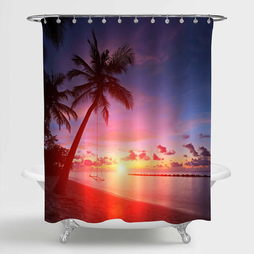 Tropical Beach with Palm Trees and Swing at Sunset Shower Curtain - Blue Red