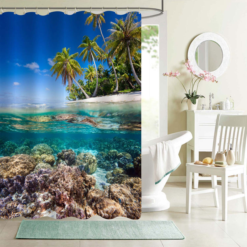 Tropical Island and Coral Barrier Reef Shower Curtain - Blue Green Brown