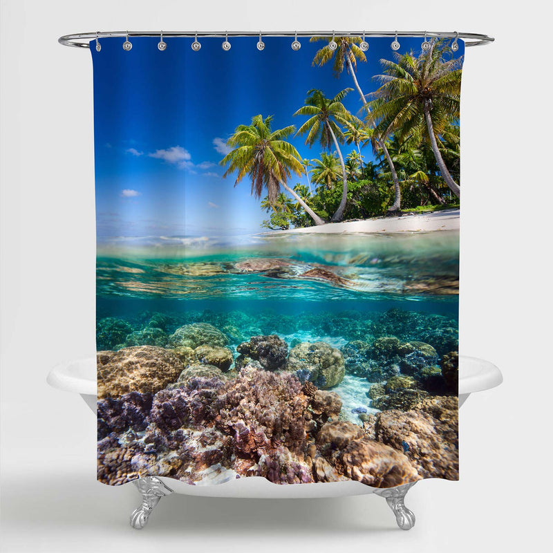 Tropical Island and Coral Barrier Reef Shower Curtain - Blue Green Brown