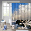 Lonely Yacht Under Sky with Flying Seagulls Shower Curtain - White Blue Grey