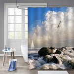 Lonely Yacht Under Sky with Flying Seagulls Shower Curtain - White Blue Grey