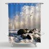 Lonely Yacht Under Sky with Flying Seagulls Shower Curtain - White Blue Grey