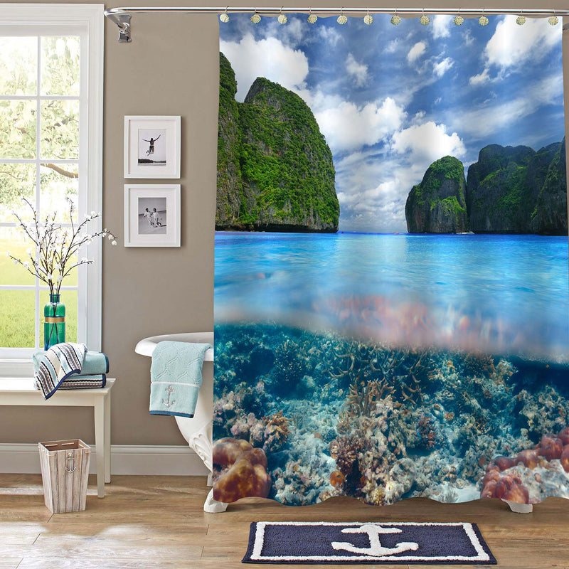 Water Split View of Lagoon with Coral Reef Bottom Underwater Shower Curtain - Blue Green