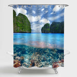 Water Split View of Lagoon with Coral Reef Bottom Underwater Shower Curtain - Blue Green