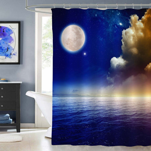 Sunset Sky with Full Moon Above Sea Shower Curtain - Blue Gold