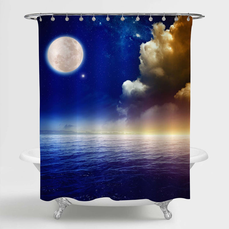 Sunset Sky with Full Moon Above Sea Shower Curtain - Blue Gold