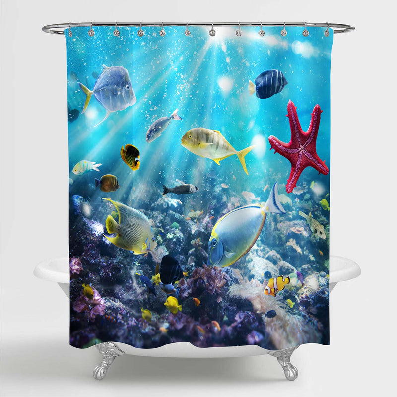 Underwater Scene with Coral Reefs, Tropical Fishes and Starfish Shower Curtain - Blue