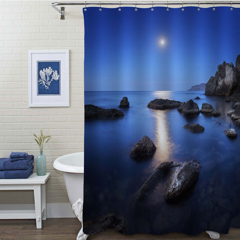 Full Moon Lunar Path and Rocks at Summer Sea Beach Shower Curtain - Navy Blue