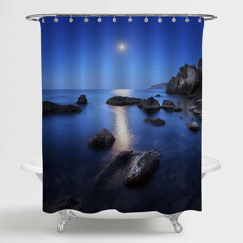 Full Moon Lunar Path and Rocks at Summer Sea Beach Shower Curtain - Navy Blue