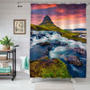 Summer Sunset on Kirkjufellsfoss Waterfall and Kirkjufell Mountain Shower Curtain - Purple Blue Green