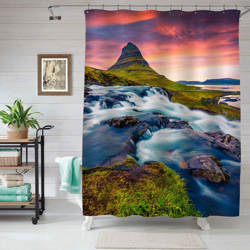 Summer Sunset on Kirkjufellsfoss Waterfall and Kirkjufell Mountain Shower Curtain - Purple Blue Green