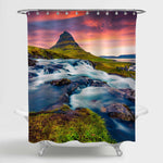 Summer Sunset on Kirkjufellsfoss Waterfall and Kirkjufell Mountain Shower Curtain - Purple Blue Green