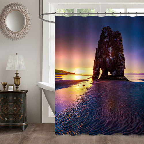 Huge Basalt Stack Hvitserkur on the Eastern Shore of the Vatnsnes Peninsula Shower Curtain - Dark Blue