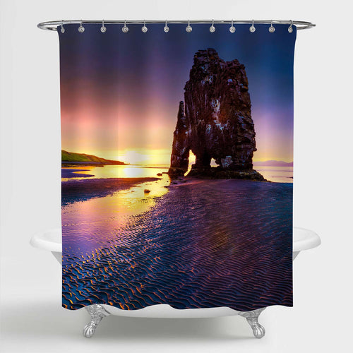 Huge Basalt Stack Hvitserkur on the Eastern Shore of the Vatnsnes Peninsula Shower Curtain - Dark Blue