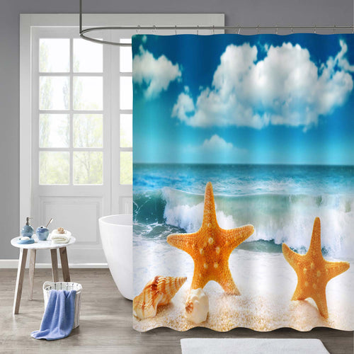 Seashell and Starfish on The Golden Sandy Beach Shower Curtain - Blue Gold