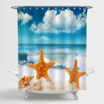 Seashell and Starfish on The Golden Sandy Beach Shower Curtain - Blue Gold