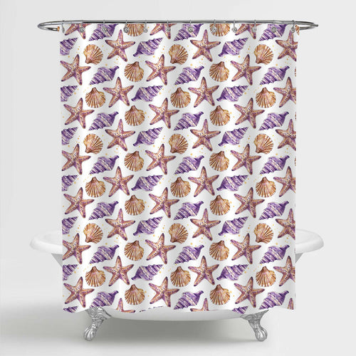 Exotic Watercolor Seashells and Starfishes Shower Curtain - Brown Purple