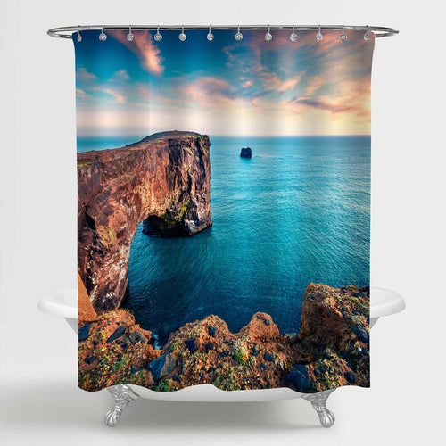 Evening View of Dyrholaey Arch at South Coast of Iceland Shower Curtain - Blue Brown