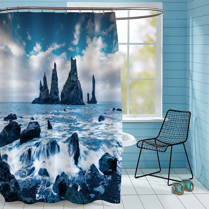 Seascape of Reynisdrangar Cliffs Shower Curtain - Blue Grey