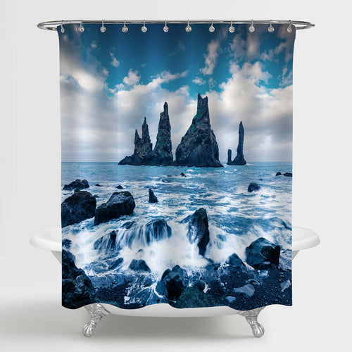 Seascape of Reynisdrangar Cliffs Shower Curtain - Blue Grey