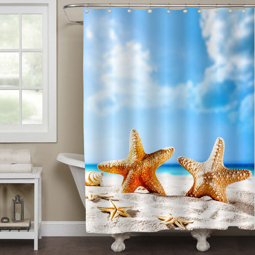 Sunny Day Time with Shell on Beach with Blur Sea and Sky Background Shower Curtain - Blue Gold