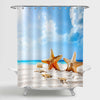 Sunny Day Time with Shell on Beach with Blur Sea and Sky Background Shower Curtain - Blue Gold