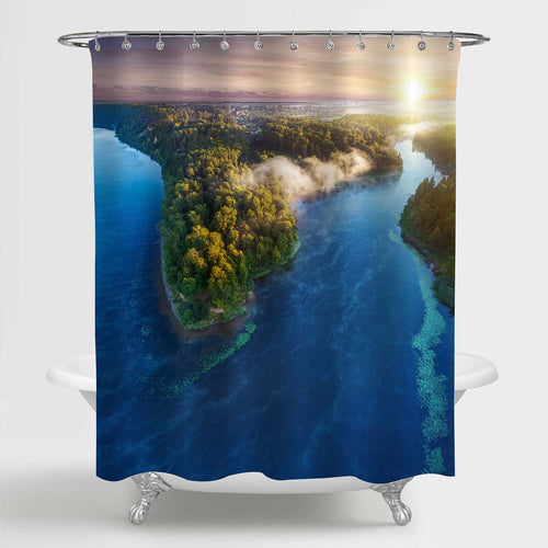 Aerial View of Fantasy Island Shower Curtain - Blue Green Gold