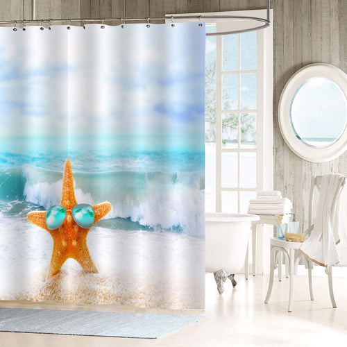 Starfish in Sunglasses on The Seashore Shower Curtain - Blue Sand