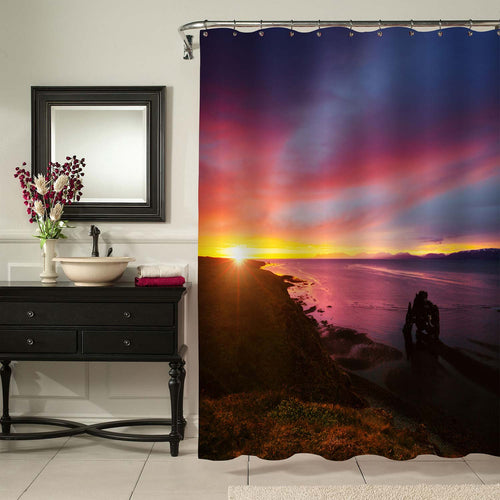 Peaceful View of Hvitserkur Rock in the Atlantic Ocean at Dawn Shower Curtain - Purple Gold