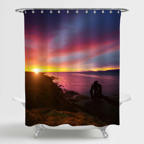 Peaceful View of Hvitserkur Rock in the Atlantic Ocean at Dawn Shower Curtain - Purple Gold