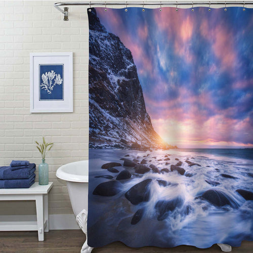 Sandy Beach with Stones in Blurred Water Shower Curtain - Blue Grey