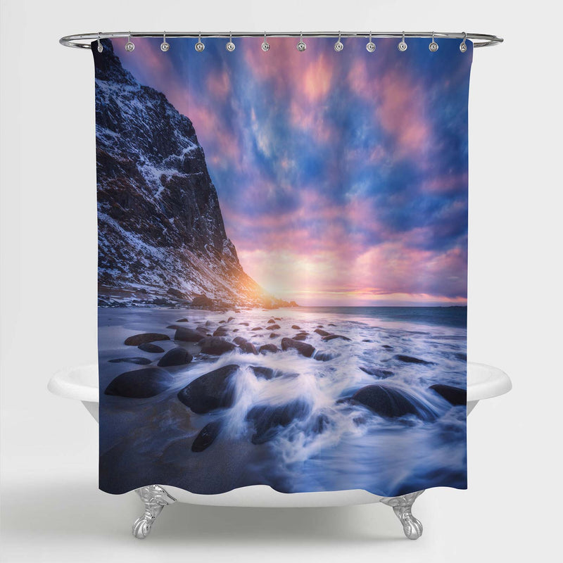 Sandy Beach with Stones in Blurred Water Shower Curtain - Blue Grey