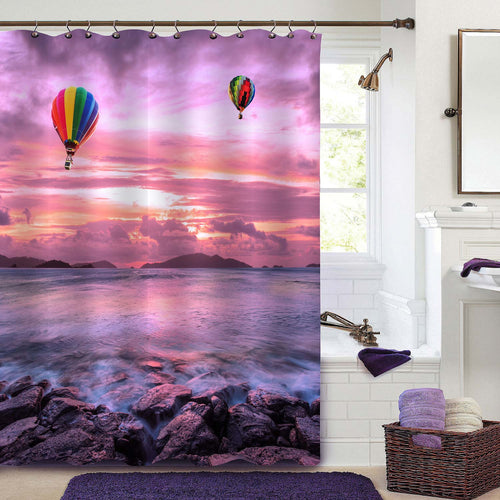 Hot Air Balloons Over the Ocean at Sunset with Dramatic Sky Shower Curtain - Purple