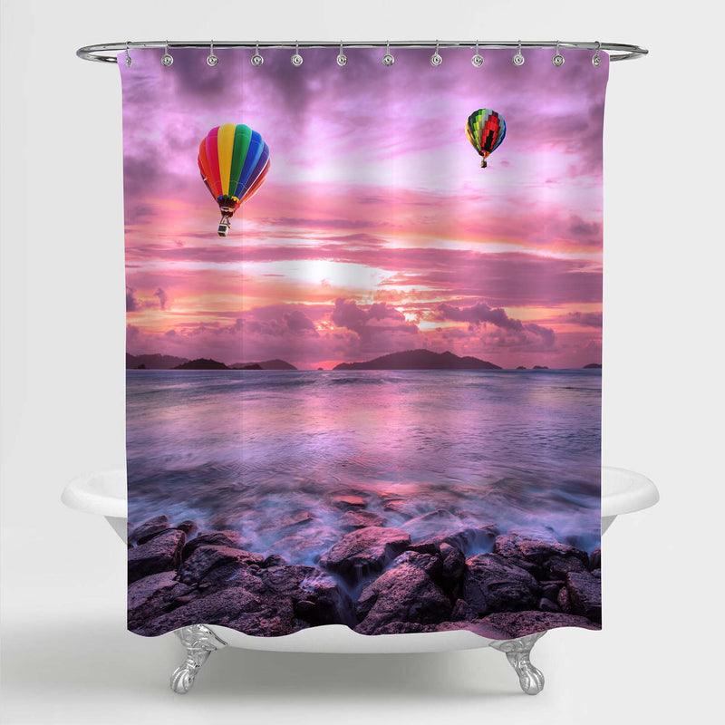 Hot Air Balloons Over the Ocean at Sunset with Dramatic Sky Shower Curtain - Purple
